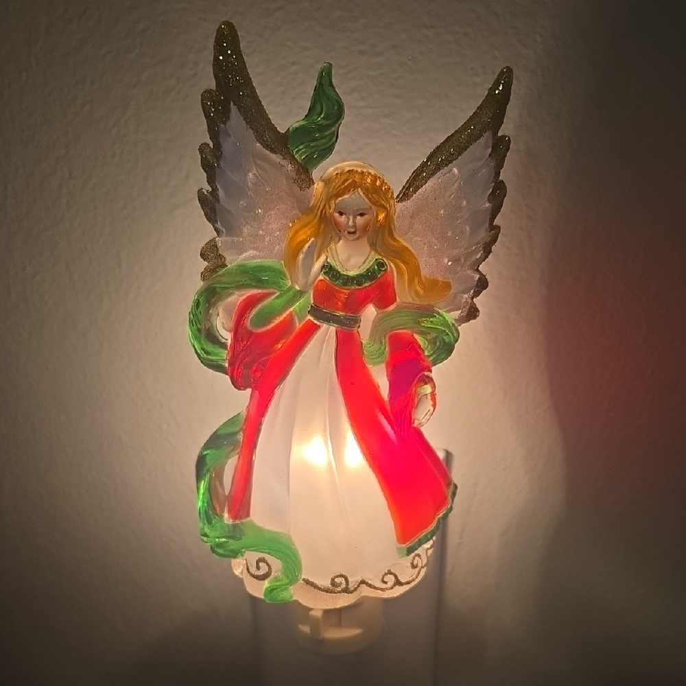 Holiday Angel Night Light with Red and Green Accents.